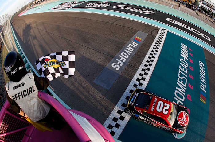 Christopher Bell takes the checkered flag to win Sunday's 4EVER 400 Presented by Mobil 1 at Homestead-Miami Speedway. (Photo by Sean Gardner/Getty Images)